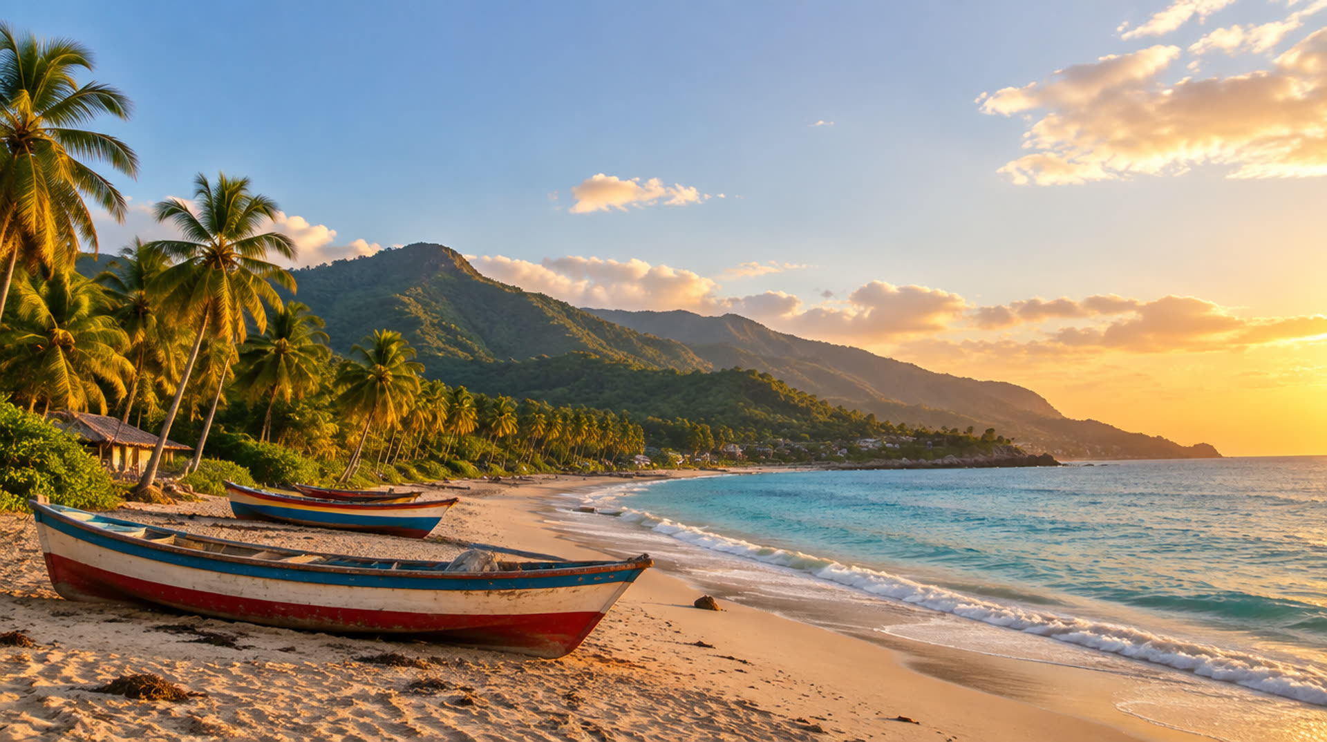 Venezuelan Caribbean coast at sunset with palm trees and colorful fishing boats on the beach